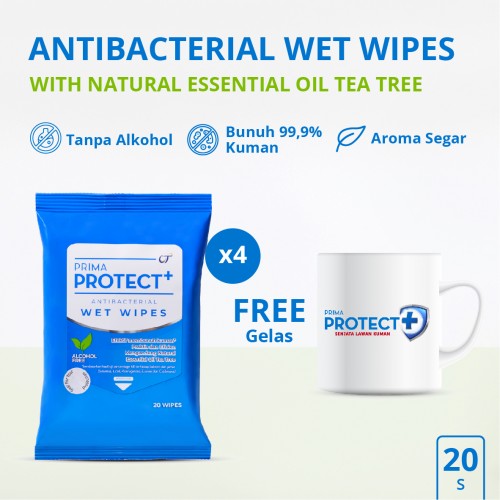 Prima Protect+ Antibacterial Wet Wipes 20 (Bundle 4 pcs) - FREE GELAS