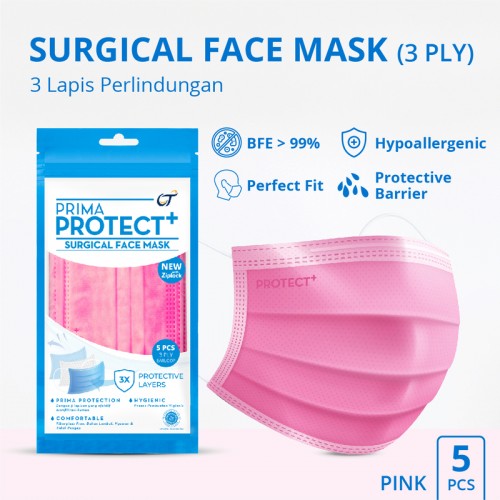 PRIMA PROTECT+ Surgical Face Mask Warna "Pink" (1 Pack isi 5 Pcs)