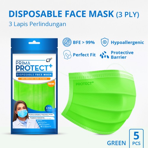 PRIMA PROTECT+ Disposable Face Mask Warna "Hijau" (1 Pack isi 5 Pcs)